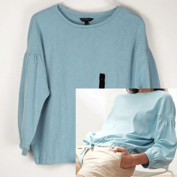 Banana Republic Tops - Banana Republic Tie Waist Top Bubble Sleeve 100% Cotton Slub Blue Size Small New